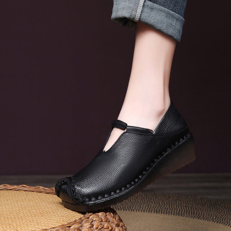 Autum First-Layer Cowhide Handmade Retro Genuine Leather Casual Wedge Heel Slip-On Shoes For Mothers - Image 5